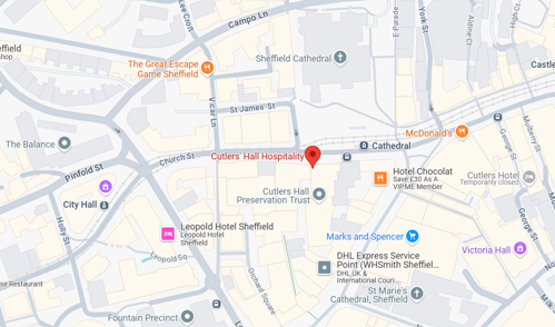 map of Sheffield directing users to the venue location